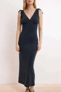 TRENDYOLMİLLA Anthracite bodycon V-neck Sleeveless Binding Detailed Maxi Modal Knitting Dress - Image 3
