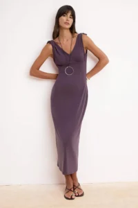 TRENDYOLMİLLA Plum bodycon V-neck Sleeveless Binding Detailed Modal Knitting Dress