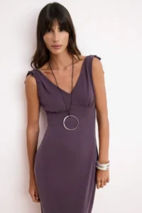 TRENDYOLMİLLA Plum bodycon V-neck Sleeveless Binding Detailed Modal Knitting Dress - Image 2