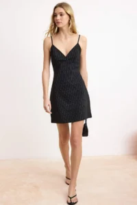 TRENDYOLMİLLA Black Striped A-Kesim/Life Form V-neck Thin Sleeveless Sleeveless Short interlock Knitting Dress - Image 2
