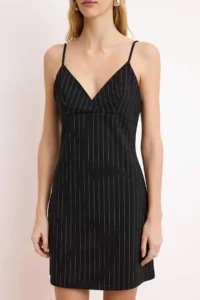 TRENDYOLMİLLA Black Striped A-Kesim/Life Form V-neck Thin Sleeveless Sleeveless Short interlock Knitting Dress - Image 4