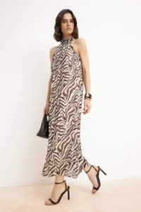 TRENDYOLMİLLA Multicolored animals A-Kesim/Life Form Dog collar Sleeveless Maxi Tulle Knitting Dress
