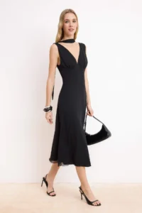 TRENDYOLMİLLA Black animals A-Kesim/Life Form Double breasted Sleeveless Shirred Maxi Tulle Knitting Dress