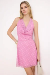 TRENDYOLMİLLA Pink Polka Dot A-Cut/Life Form Off-Shoulder Neck Stitching Detailed Mini Tulle Knitting Dress - Image 2