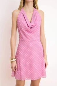 TRENDYOLMİLLA Pink Polka Dot A-Cut/Life Form Off-Shoulder Neck Stitching Detailed Mini Tulle Knitting Dress - Image 3
