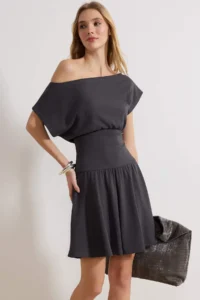 TRENDYOLMİLLA Anthracite Waist Opening Asymmetric Collar Short Sleeve Mini Cotton Rib Knitting Dress