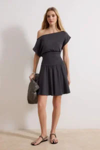 TRENDYOLMİLLA Anthracite Waist Opening Asymmetric Collar Short Sleeve Mini Cotton Rib Knitting Dress - Image 2