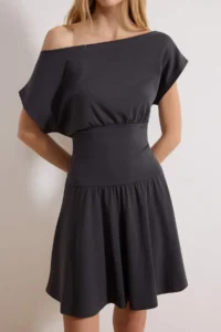 TRENDYOLMİLLA Anthracite Waist Opening Asymmetric Collar Short Sleeve Mini Cotton Rib Knitting Dress - Image 3