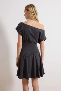TRENDYOLMİLLA Anthracite Waist Opening Asymmetric Collar Short Sleeve Mini Cotton Rib Knitting Dress - Image 4