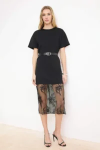 TRENDYOLMİLLA Black shift/Plain Drop Sleeve Short Sleeve Lace Detailed Midi interlock Knitting Dress