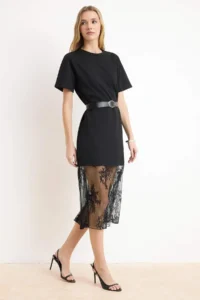 TRENDYOLMİLLA Black shift/Plain Drop Sleeve Short Sleeve Lace Detailed Midi interlock Knitting Dress - Image 2