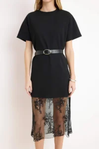 TRENDYOLMİLLA Black shift/Plain Drop Sleeve Short Sleeve Lace Detailed Midi interlock Knitting Dress - Image 3