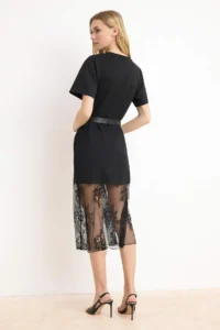 TRENDYOLMİLLA Black shift/Plain Drop Sleeve Short Sleeve Lace Detailed Midi interlock Knitting Dress - Image 4