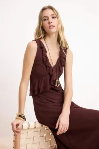 TRENDYOLMİLLA Brown A-Kesim/Life Form V-neck Sleeveless with flywheel/Frilly Midi Foam Knitting Dress - Image 2
