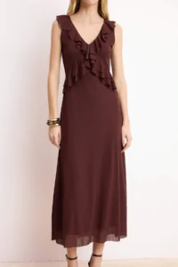 TRENDYOLMİLLA Brown A-Kesim/Life Form V-neck Sleeveless with flywheel/Frilly Midi Foam Knitting Dress - Image 3