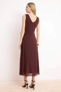 TRENDYOLMİLLA Brown A-Kesim/Life Form V-neck Sleeveless with flywheel/Frilly Midi Foam Knitting Dress - Image 4