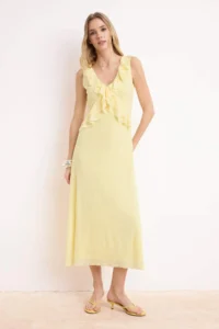 TRENDYOLMİLLA Yellow A-Kesim/Life Form V-neck Sleeveless with flywheel/Frilly Midi Foam Knitting Dress