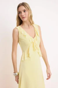 TRENDYOLMİLLA Yellow A-Kesim/Life Form V-neck Sleeveless with flywheel/Frilly Midi Foam Knitting Dress - Image 2