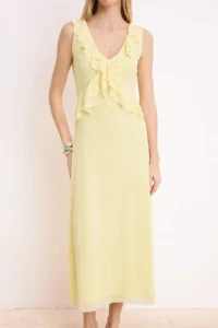 TRENDYOLMİLLA Yellow A-Kesim/Life Form V-neck Sleeveless with flywheel/Frilly Midi Foam Knitting Dress - Image 3