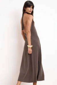 TRENDYOLMİLLA Brown Fish Barbell Collar Sleeveless Shirred Midi Modal Knitting Dress - Image 2