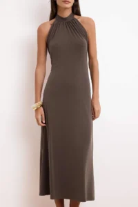 TRENDYOLMİLLA Brown Fish Barbell Collar Sleeveless Shirred Midi Modal Knitting Dress - Image 3