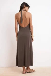 TRENDYOLMİLLA Brown Fish Barbell Collar Sleeveless Shirred Midi Modal Knitting Dress - Image 4