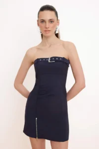 TRENDYOLMİLLA Navy Blue Belt Accessory Detailed Strapless Short / Mini Weaving Dress