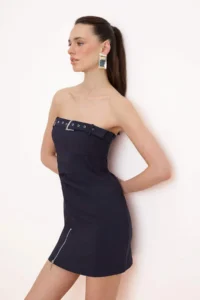 TRENDYOLMİLLA Navy Blue Belt Accessory Detailed Strapless Short / Mini Weaving Dress - Image 2