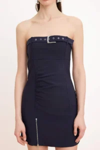 TRENDYOLMİLLA Navy Blue Belt Accessory Detailed Strapless Short / Mini Weaving Dress - Image 3