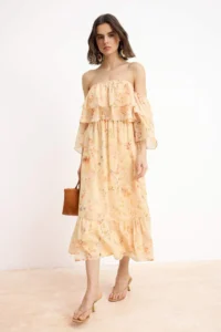 TRENDYOLMİLLA Multicolored Carmen Collar Floral Siphon Lined Maxi Weaving Dress