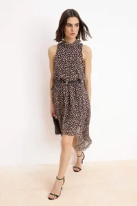 TRENDYOLMİLLA Brown Polka Dot Asymmetric Skirt Detailed Siphon Lined Midi Weaving Dress
