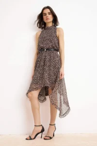 TRENDYOLMİLLA Brown Polka Dot Asymmetric Skirt Detailed Siphon Lined Midi Weaving Dress - Image 2