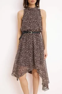 TRENDYOLMİLLA Brown Polka Dot Asymmetric Skirt Detailed Siphon Lined Midi Weaving Dress - Image 3