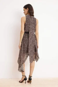 TRENDYOLMİLLA Brown Polka Dot Asymmetric Skirt Detailed Siphon Lined Midi Weaving Dress - Image 4