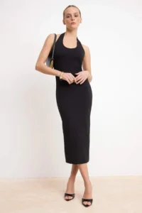 TRENDYOLMİLLA Black bodycone/Fitting Midi Tok 100% Cotton Knitting Dress