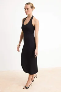 TRENDYOLMİLLA Black bodycone/Fitting Midi Tok 100% Cotton Knitting Dress - Image 2