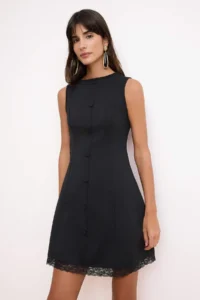 TRENDYOLMİLLA Black A-Kesim/Life Form Boat Neck Sleeveless Lace Detailed Mini interlock Knitting Dress - Image 2