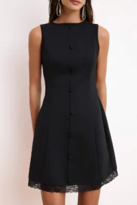TRENDYOLMİLLA Black A-Kesim/Life Form Boat Neck Sleeveless Lace Detailed Mini interlock Knitting Dress - Image 3