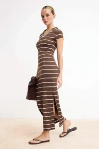 TRENDYOLMİLLA Brown Striped bodycon V-neck Moon Arm Short Sleeve Maxi Soft Knitting Dress