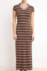 TRENDYOLMİLLA Brown Striped bodycon V-neck Moon Arm Short Sleeve Maxi Soft Knitting Dress - Image 4