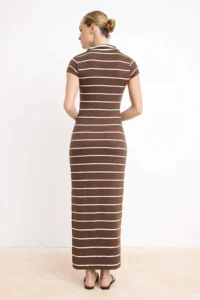 TRENDYOLMİLLA Brown Striped bodycon V-neck Moon Arm Short Sleeve Maxi Soft Knitting Dress - Image 5