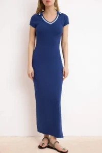 TRENDYOLMİLLA Navy Blue Striped bodycon V-neck Moon Arm Short Sleeve Maxi Soft Knitting Dress - Image 3