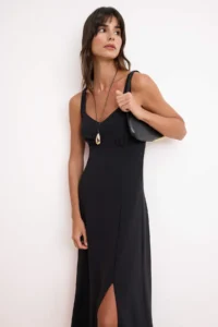 TRENDYOLMİLLA Black A-Kesim/Life Form Heart Yaka Sleeveless Maxi Scuba Crepe Knitting Dress - Image 2