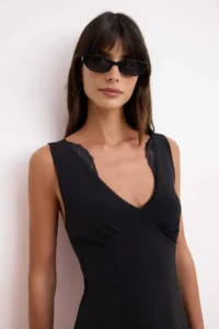 TRENDYOLMİLLA Black A-Kesim/Life Form V-neck Sleeveless Lace Detailed Midi Satin Knitting Dress - Image 2