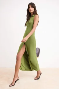 TRENDYOLMİLLA Green bodycon Shirt Collar Sleeveless Flexible Knitting Dress