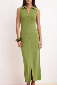 TRENDYOLMİLLA Green bodycon Shirt Collar Sleeveless Flexible Knitting Dress - Image 3
