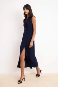 TRENDYOLMİLLA Navy Blue bodycon Shirt Collar buttoned Sleeveless Maxi Flexible Knitting Dress - Image 2