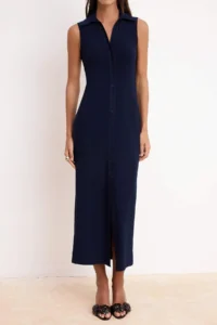 TRENDYOLMİLLA Navy Blue bodycon Shirt Collar buttoned Sleeveless Maxi Flexible Knitting Dress - Image 4