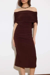 TRENDYOLMİLLA Limited Edition Brown bodycon Carmen Collar Sleeveless Flexible Knitting Dress - Image 3