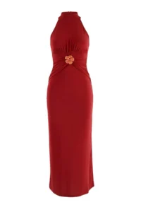 TRENDYOLMİLLA Brick Rejection bodycon Barbell Collar Sleeveless Accessory Detailed Midi Flexible Knitting Dress
